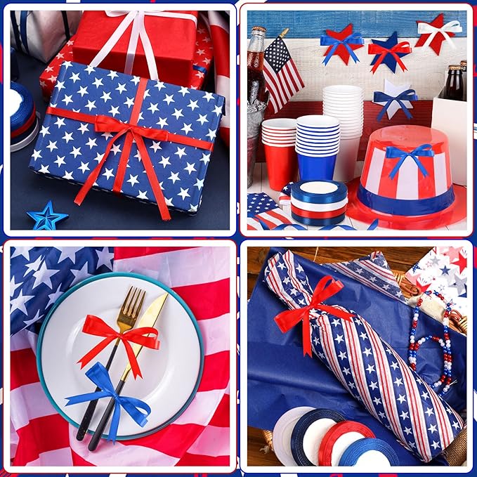 DECYOOL Patriotic Ribbons, 4 Rolls 100 Yards 4th of July Satin Ribbons 10mm Wide Red White Blue Independence Day Craft Ribbon for Gift Wrapping Patriotic Party Decorations