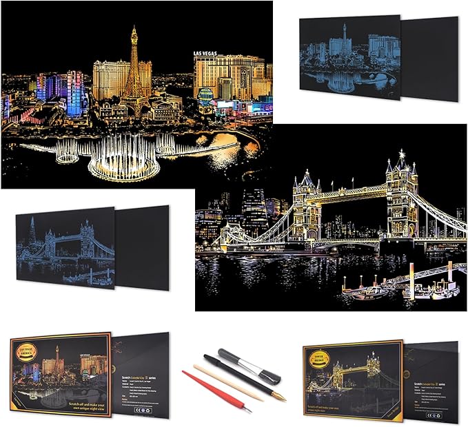 DESINIK Scratch Painting Art for Adults & Teens - 2 Sheets Rainbow Scratch Painting Kit, Scratch Painting Foil Art for Adults, Stress Relief Adult Craft Kits A3(Las Vegas & Tower Bridge)