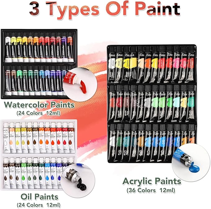 ESRICH 141PCS Deluxe Artist Painting Set, Painting Supplies with 84 Paint(Oil, Watercolor，Acrylic Paint) Metal and Wooden Easels, Canvas, Paper Pads, Paintbrushes etc. for Adults, Kids, Artists