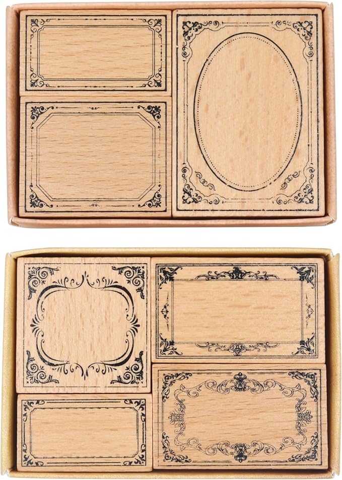 7pcs Wood Rubber Stamp Set, Frame Pattern Decorative Stamp Set for Art Craft, Journal, Diary, Scrapbook, Planner, Letter, Card Making M-19 (Set-3)
