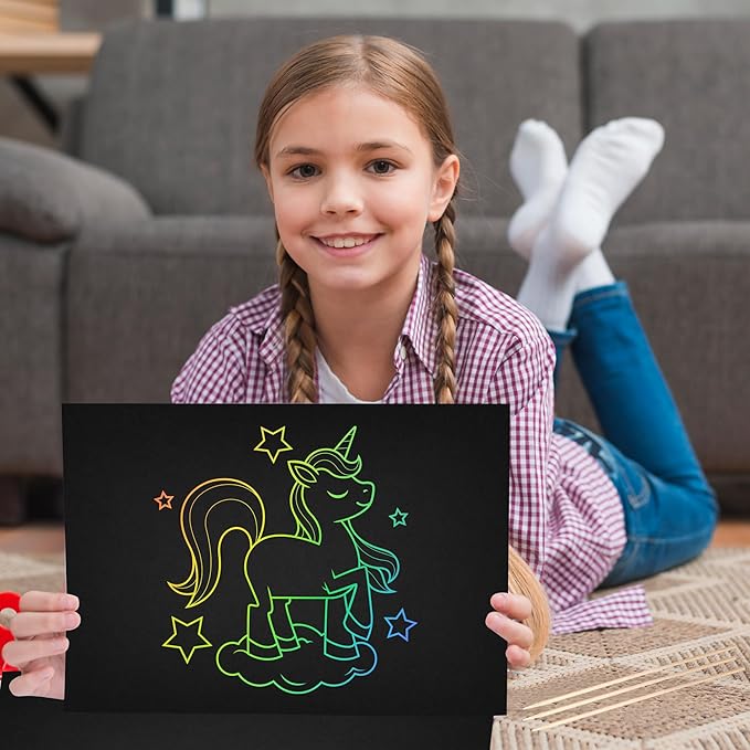 50 Piece Rainbow Scratch Paper - 4 Wooden Styluses Included - Create Rainbow Scratch Art With This Jumbo Craft Pack