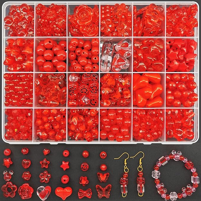 560pcs Acrylic Red Heart Star Butterfly Pastel Candy Color Assorted Beads for Bracelets Jewelry Making Necklaces DIY Crafts