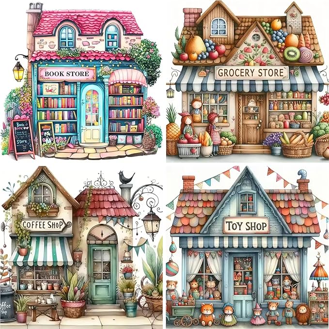 4 Packs Store Diamond Painting Kits for Adults, 5D Diamond Art Painting by Numbers Kits, DIY Shop Diamond Dots Art Kits, Full Round Drill Diamond Art Kits for Adults for Home Wall Decor, 13.8x13.8in