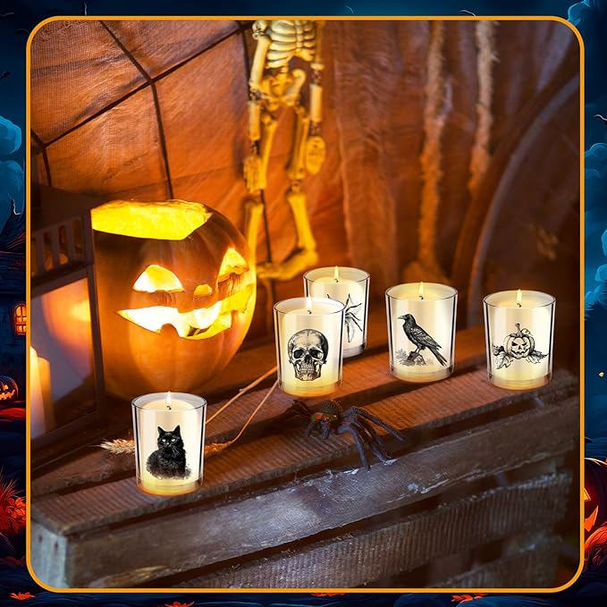 Ziliny 10 Pcs Halloween Horror Glass Candle Jars Empty Containers Bulk 7 oz Halloween Glass Jars with Cork Lids Tins for Holiday Candle Making Storing Biscuits Tea Party Favors Decorations