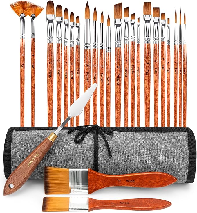 Paint Brush Set of 25pcs, FENORKEY Acrylic Paint Brushes, Professional Artist Paintbrushes, Includes Canvas Roll and Palette Knife, Suitable for Oil, Acrylic, Gouache and Watercolor Painting