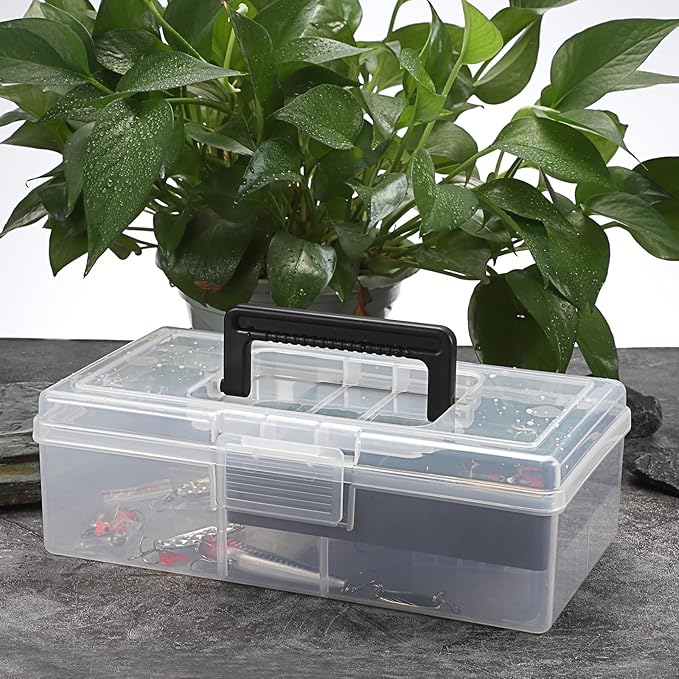 JUXYES 2 Pack Plastic Carry Storage Box with Removable Dividers, Clear Art Craft Supply Storage Bin Sewing Box with Handle Lid, 2 Layers Stationery Storage Case for School/Office Supplies Black