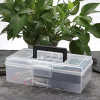 JUXYES 2 Pack Plastic Carry Storage Box with Removable Dividers, Clear Art Craft Supply Storage Bin Sewing Box with Handle Lid, 2 Layers Stationery Storage Case for School/Office Supplies Black