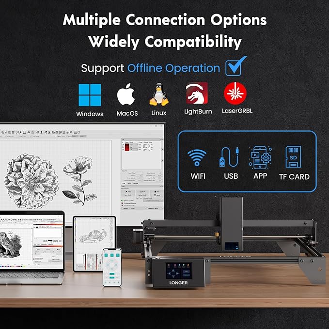 Longer RAY5 20W Laser Engraver with Air Assist Kit, 4-in-1 Rotary Roller, and 16 Pcs Raiser, Exclusive 3.5" Touch Screen for DIY, Cutting Tool for Metal Coloring, Acrylic, Wood, Glass, Leather.