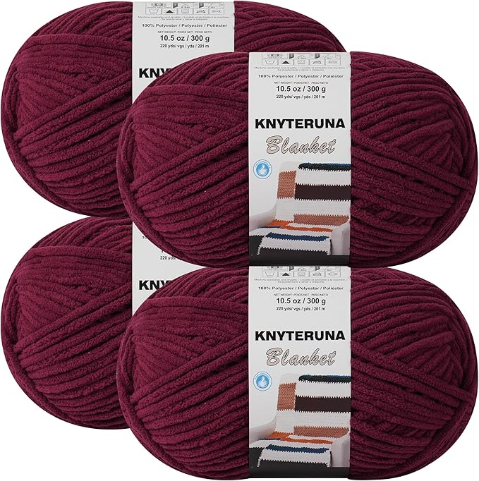 #6 Super Bulky Blanket Yarn for Crocheting - 4 Skeins(Each 10.5oz/300g, 220yds/201m), Chunky Chenille Thick Plush Big Soft Yarn for Crocheting Knitting Blankets, Burgundy