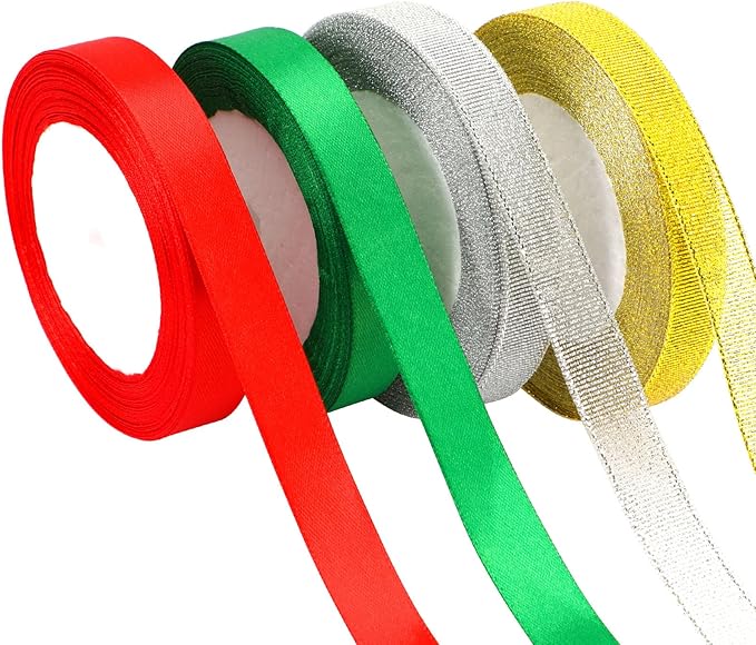 Christmas Ribbon, DECYOOL 4 Rolls 100 Yards Holiday Ribbons for Gift Wrapping (1.5cm Wide, Red & Green & Gold & Silver)