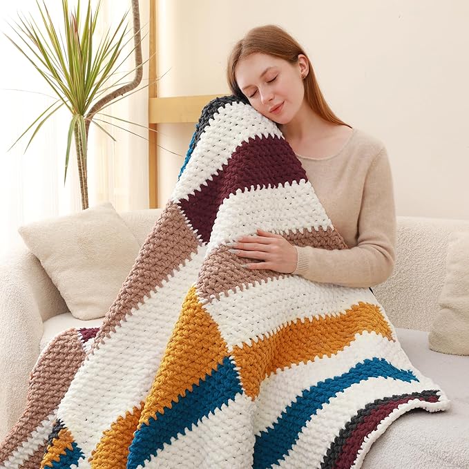 #6 Super Bulky Blanket Yarn for Crocheting - 4 Skeins(Each 10.5oz/300g, 220yds/201m), Chunky Chenille Thick Plush Big Soft Yarn for Crocheting Knitting Blankets, Indigo