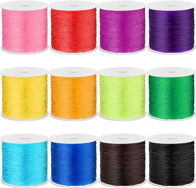 PAXCOO 12 Rolls Elastic Crystal Tec String for Bracelets, 0.8 MM Stretch Bead String Cord Jewelry Thread for Bracelets, Necklaces, Clay Beads, Pony Beads (Multiple Colors)