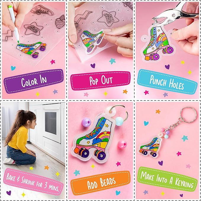 GirlZone Shrink Craft Kit for Kids, DIY Keychain & Magnet Making Set with Pre-Designed Shrink Plastic Sheets & Chalk Pens, Screen-Free Art Activity, Creative Gift for Birthdays, Christmas & Holidays