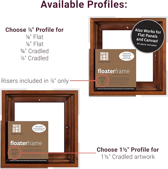 Ampersand Floaterframe Readymade Frame for Flat and 1 1/2" Deep Wood Panel and Canvas Artwork, Paintings, Prints, and More, 11"x14", Walnut Bold