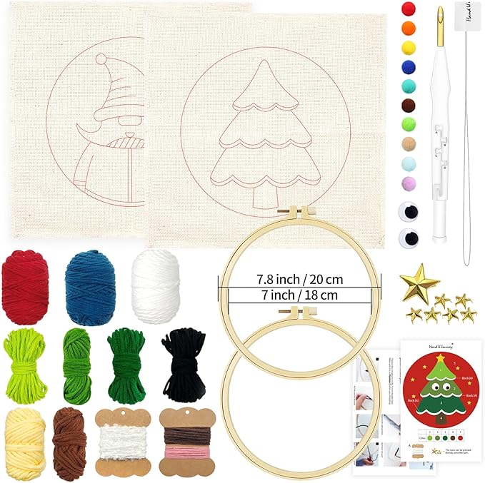 Hand U Journey Punch Needle Starter Kit | Rug Hooking Beginner's Set with Santa Claus and Christmas Tree Designs | Adjustable Punch Pen and Two 8.6'' Hoops | Ideal Craft Gift for Kids and Adults
