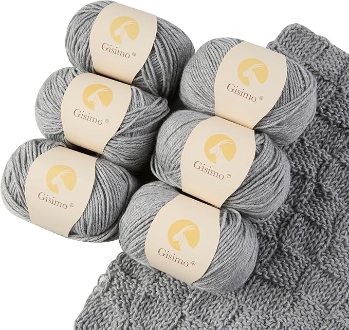 Merino Wool Yarn, 12-Ply Luxurious and Soft Yarn for Hand Knitting & Crocheting, 1.76 OZ/50g, 120 yds/110 Meters(Light Gray,6Balls)