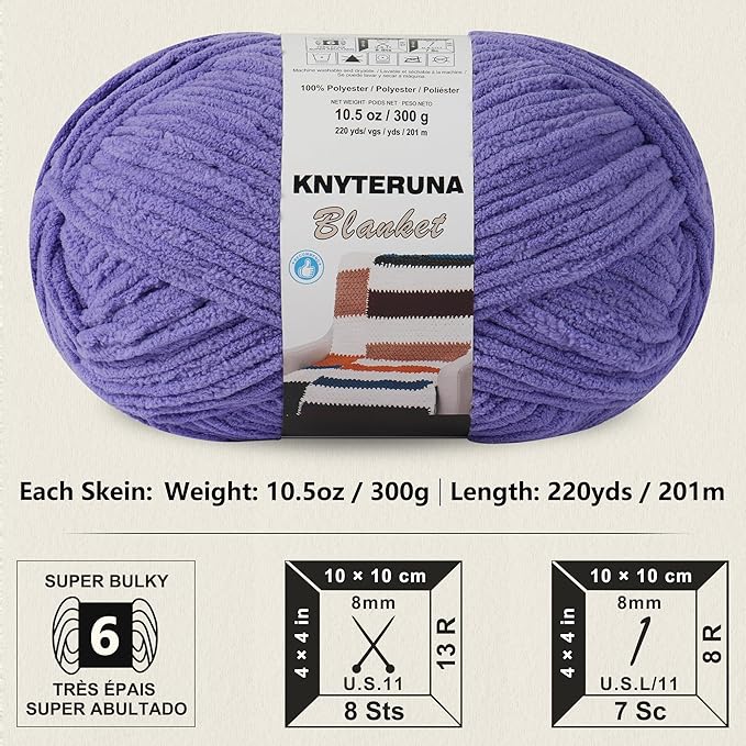 #6 Super Bulky Blanket Yarn for Crocheting - 4 Skeins(Each 10.5oz/300g, 220yds/201m), Chunky Chenille Thick Plush Big Soft Yarn for Crocheting Knitting Blankets, Lavender