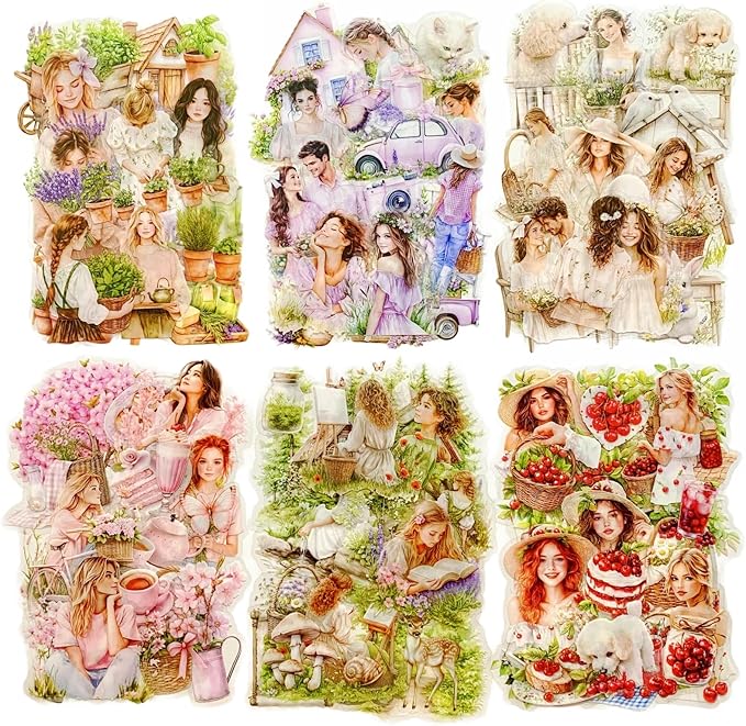 TIAMECH Romantic Trip to Garden PET Stickers - 120 Pcs Flower Pinking Dream Cherry Girls Design, Waterproof Sticker for Journaling & Scrapbooking, Junk Journal Supplies, Ephemera & DIY Crafts