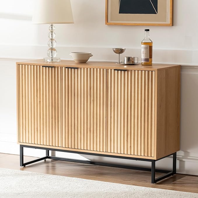 Fluted Storage Cabinet with 3 Doors, Sideboard Buffet Cabinets with Adjustable Shelves, Multifunctional Console Table with Storage Credenza for Living Room, Hallway, Natural Oak
