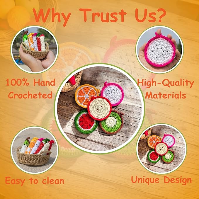 Handmade Yarn Coasters with Storage Basket – 5-Pack Soft Crochet Drink Coasters – Washable, Durable – Unique Gift for Coffee Lovers, Housewarming, Birthday (Fruit)