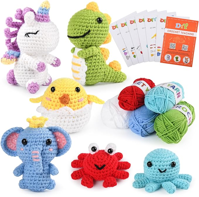 MINGOMINGO Crochet Kit for Beginners - 6 Pack Animals Amigurumi, Craft Knitting Crochet Starter Kits with Step-by-Step Video Tutorials - Animals Knitting Kit (40%+ Yarn)