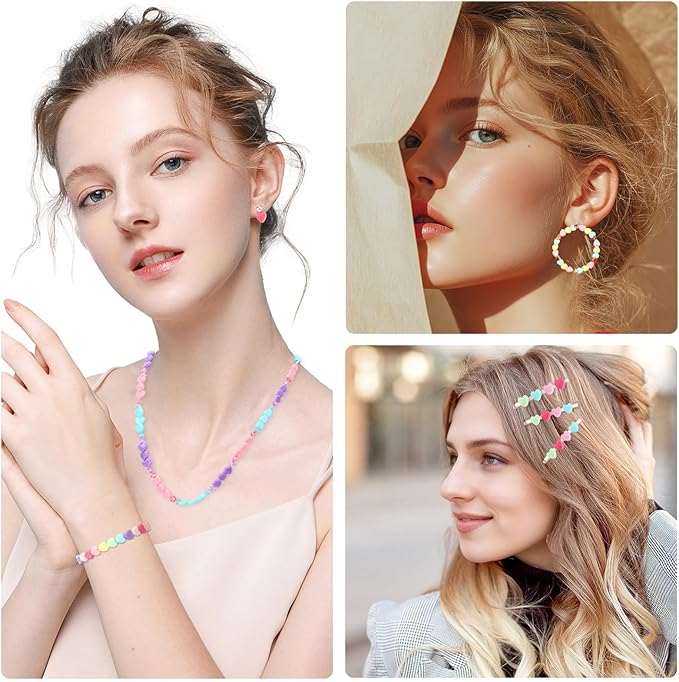 UPINS 1200Pcs Heart Shaped Beads Day Pastel Spacer Heart Beads for DIY Making Party Decoration Earrings Item Crafts Supplies