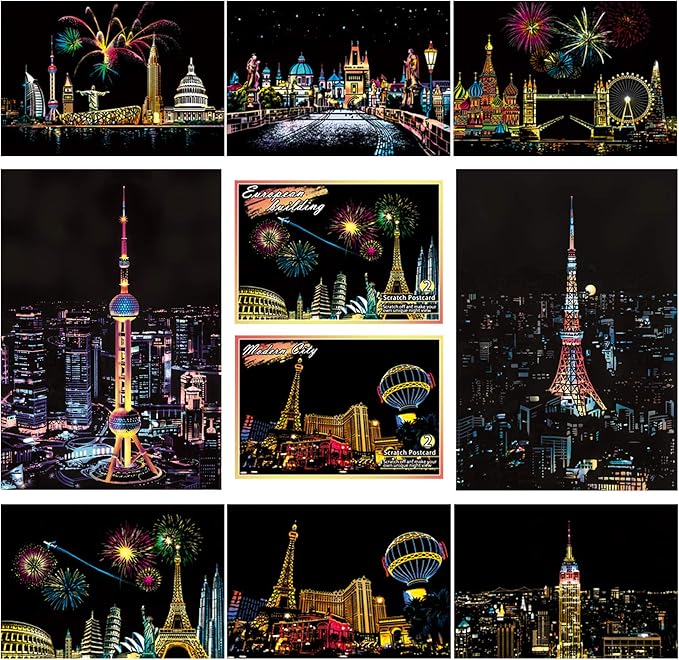 Scratch Rainbow Painting Art Postcards,Scratch & Sketch Art for Kids & Adults,Scratch Painting Creative Gift Engraving Art & Craft Set,Mini Envelope Postcard with 4 Tools,7.9''x5.5''(Modern Series)