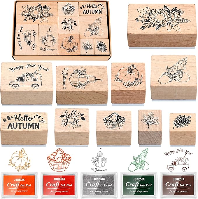 Woanger 15 Pcs Fall Wooden Rubber Stamps and Craft Ink Pads Wooden Rubber Stamp for Scrapbooking and DIY Craft Card Stamps Pads Paper Wood Fabric Fall Holiday
