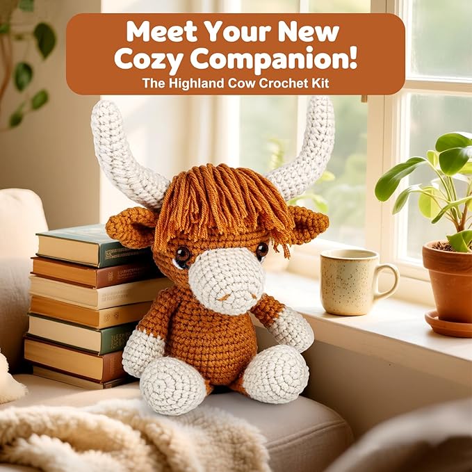 Faircosy Learn to Crochet Beginner Kit: All in One Highland Cow Crochet DIY Kit with Yarn, Crochet Hooks, Video Guide - Make Adorable Cow for Women, Teens & Adults - Great Learning Craft Gift