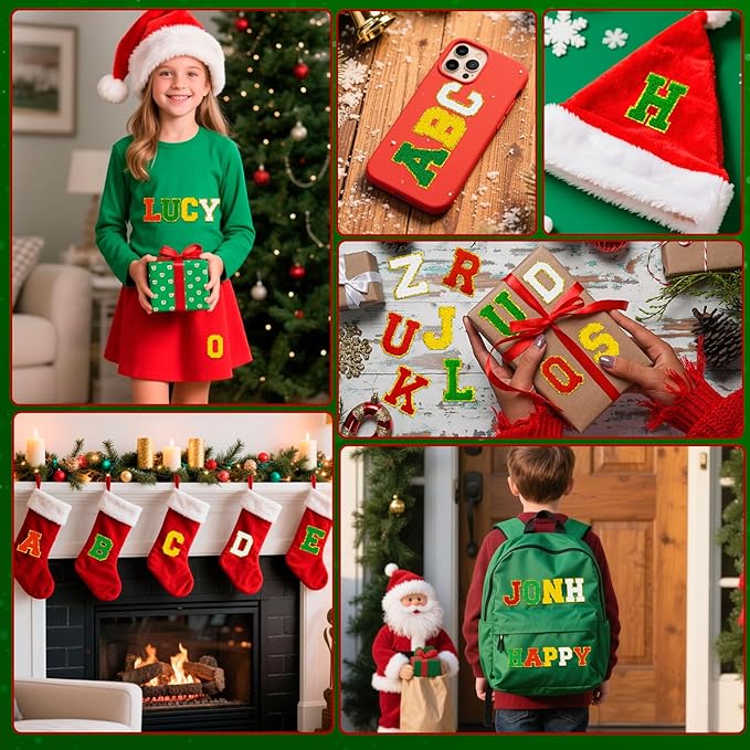 104 Pcs Red Green Christmas Patches Chenille Letter Patches Embroidered Stick on Patches Self Adhesive for Clothing,A-Z Letter Stickers Sew on Patches for Sweaters Jackets Hats Stockings Backpacks
