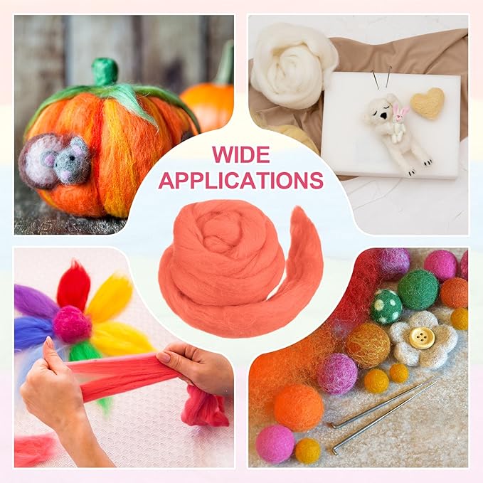 MECCANIXITY Wool Roving Yarn Soft Felting Wool 50g/1.76oz Pure Chunky Roving Yarn for Needle Felting Knitting Blanket Spinning Weaving Art DIY Craft Peach Pink