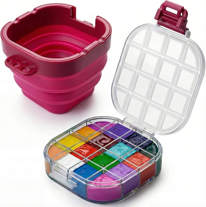 Mini Paint Storage Box 5.1 x 4.2 inches, 16-Well with Airtight Seal for Prevent Leakage Spills, Include Convenient Lid and Palette Storing Gouache, Acrylic, Watercolor Oil Paint (Pink)