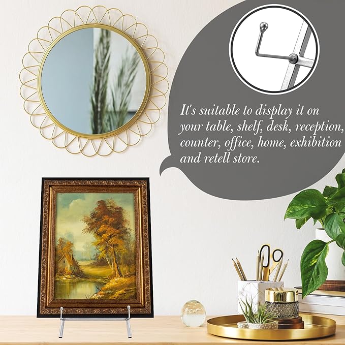 Leinuosen Metal Easel Stand 16.5" H x 8.7" W x 4.3" D Table Top Easel Stand for Display Tripod Art Picture Mirror Modern Plate Holder for Display Book Photo Wedding Sign(Silver)