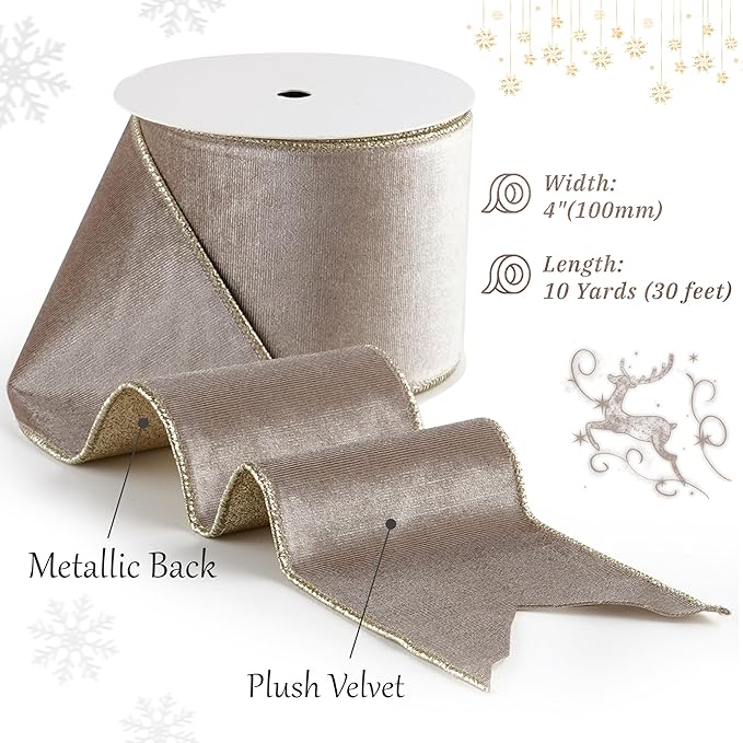 Taupe Velvet Wired Ribbon with Glitter Back 4 Inch Camel and Gold Christmas Ribbon Wired Taupe Ribbon for Christmas Tree, Gift Wrapping, Mantel, Wreaths Supplies, Topper Bows (10 Yards)