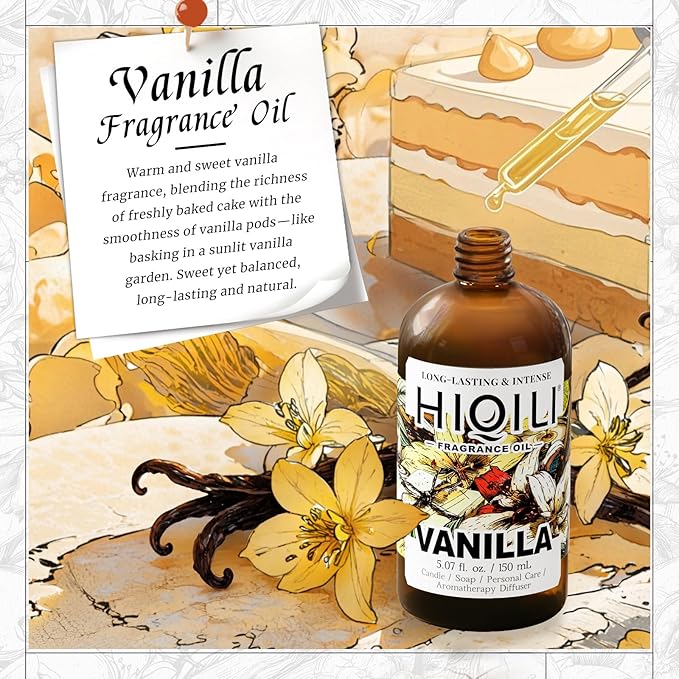 HIQILI Vanilla Fragrance Oil for Body Spray, Diffuser Use, Essential Oil for Candle, Soap, and Women Perfume Making - 5.07 Fl Oz