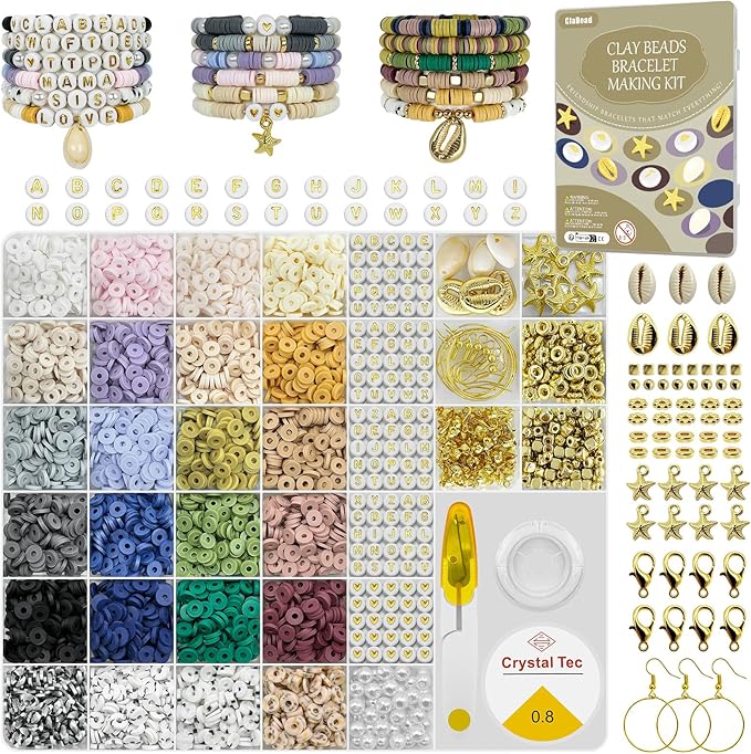 ClaBead 6300 Pcs Clay Beads Bracelet Making Kit for Adults, 24 Colors 6mm Clay Beads for Bracelets Making, Jewelry Making Kits with Letter Beads for Girls 13-15, Friendship Bracelet Kit for Women