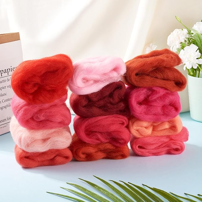 FASHEWELRY 2.1 OZ Needle Felting Wool Roving Set Pink Theme Nature Wool Roving 12 Colors Wool Felting Supplies for Needle Felting Wet Felting DIY Hand Spinning