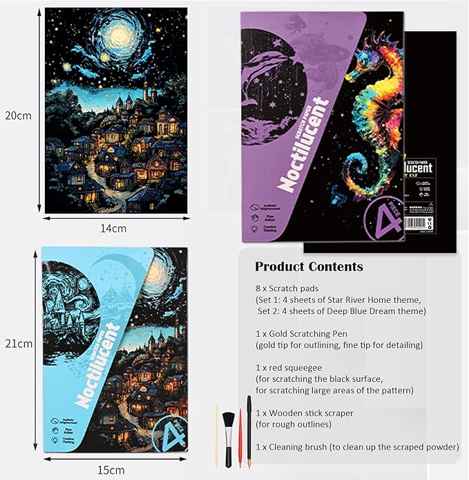 Scratchboard Art for Adult Luminous Scratch Painting Kits, A5 Scratch Art Rainbow Painting Paper 8 Sheet with 4 Tools, Scratchboard for Teens & Adults, Fun Creative Craft Toy/Gifts/Decor, Dreams