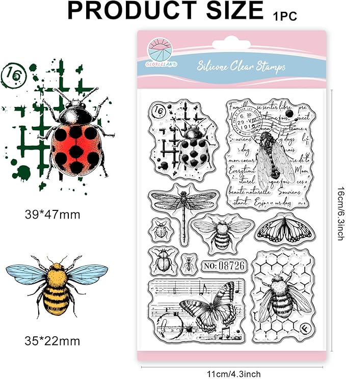 GLOBLELAND Vintage Insect Clear Stamps for Scrapbooking Butterfly Bee Silicone Stamps Dragonfly Beetle Background Transparent Stamp for Card Making DIY Embossing Journaling