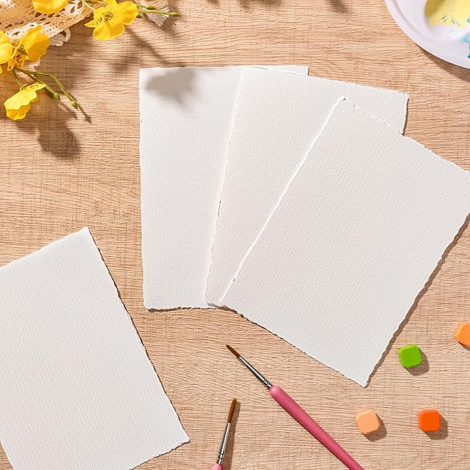 100 Sheets Watercolor Paper 5 x 7inch, 300 GSM Deckled Edge Paper Rough/Textured Handmade Paper for Watercolors, Wedding Invitations, Cards, Crafts