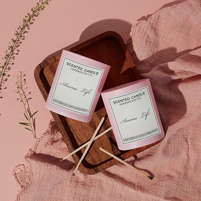 Creahaus 10oz, 16 Pack Thick Candle Jars with Bamboo Lids for Making Candles, Bulk Pink Empty Glass Candle Containers & Sticky Labels, Warming Labels Kit, Heat Resistant Candle Vessels