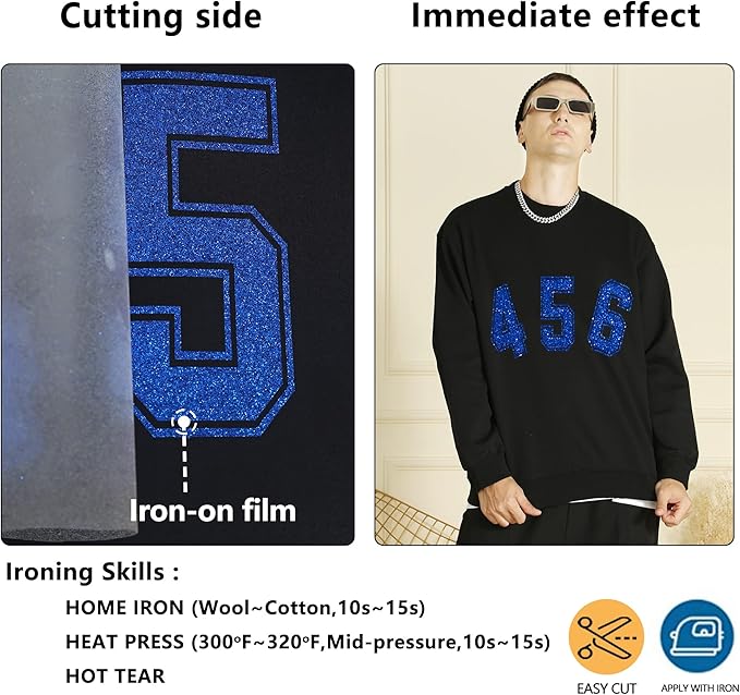 Blue Glitter HTV Heat Transfer Vinyl Rolls12inch by 9feet PU Stretch Iron on Vinyl HTV Vinyl for T-Shirt for Silhouette and Cameo (9Ft, Z1-Glitter Blue)