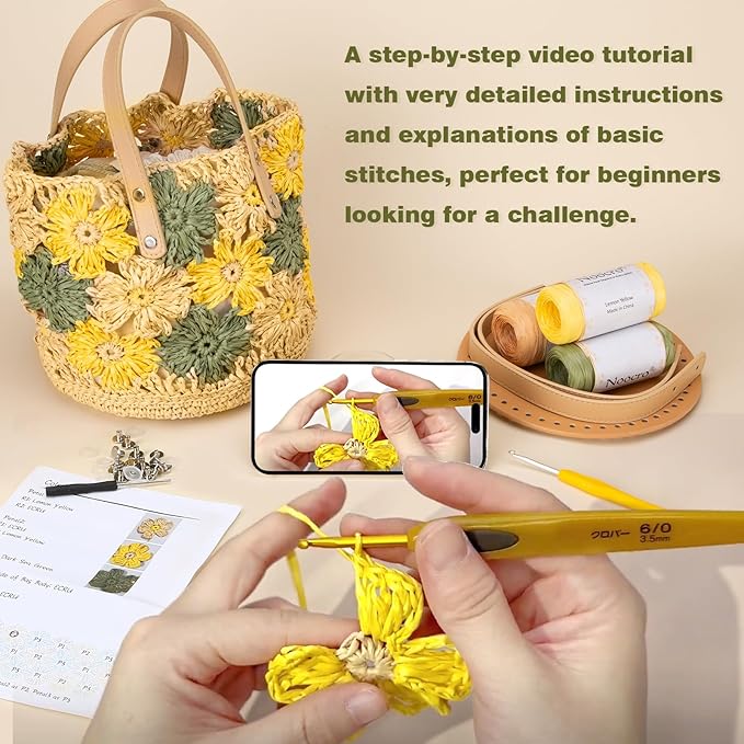 Noocro Crochet Kit for Intermediate or Advanced Level, Floral Raffia Bucket Bag, Purse, Step by Step Video Tutorial, Detailed Instruction Complete Kit Craft Supplies Holiday Gift (Meadow Bloom)