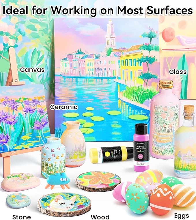 40 PCS Pastel Acrylic Paint Set with 12 Brushes, 2 Knives & Palette, 24 Colors (2oz/60ml) Art Craft Paint for Adults Kids Artists Beginners, Canvas Ceramic Rocks Wood Painting Kit Art Supplies