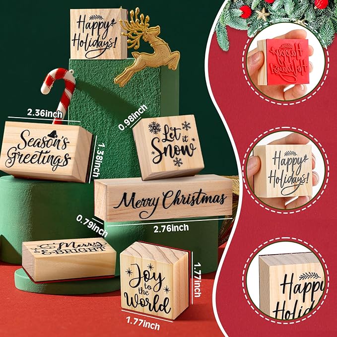 Watersay 6 Pcs Christmas Rubber Stamp Set Merry Christmas Wooden Rubber Stamp Snow Tree Stamps Vintage Wooden Rubber Art Stamps for Crafting and DIY Scrapbooking Card Making Hand Book(Word)