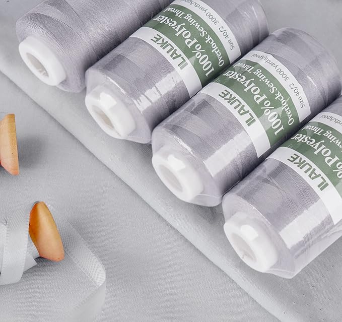 ilauke 3000 Yards Serger Thread of 4 Cones Each Spool 100% Polyester Sewing Thread All Purpose Sewing Thread for Serger Sewing Machine, Overlock Cone Sewing Supplies, 40S/2 Grey