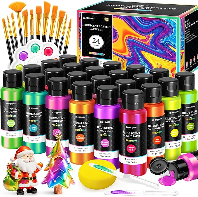 40 PCS Iridescent Acrylic Paint Set with 12 Brushes, 2 Knives & Palette, 24 Colors (2oz/60ml) Art Craft Paint for Adults Kids Artists Beginners, Halloween Pumpkin Canvas Ceramic Rock Painting Kit