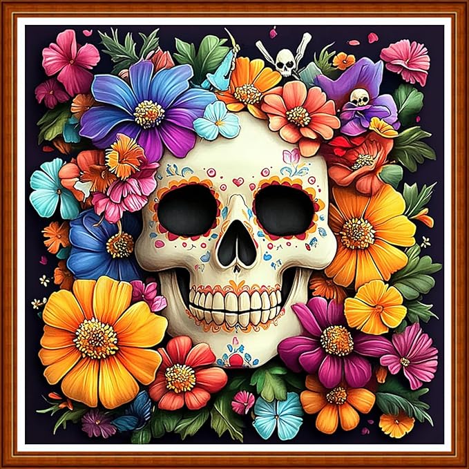 Funart Stamped Cross Stitch Kits for Beginners Full Range of Cross Stitching Preprinted Embroidery Kits for Adults, 11CT Embroidery Pattern Needlepoint Kits-Flower Skeleton 18x18 inch