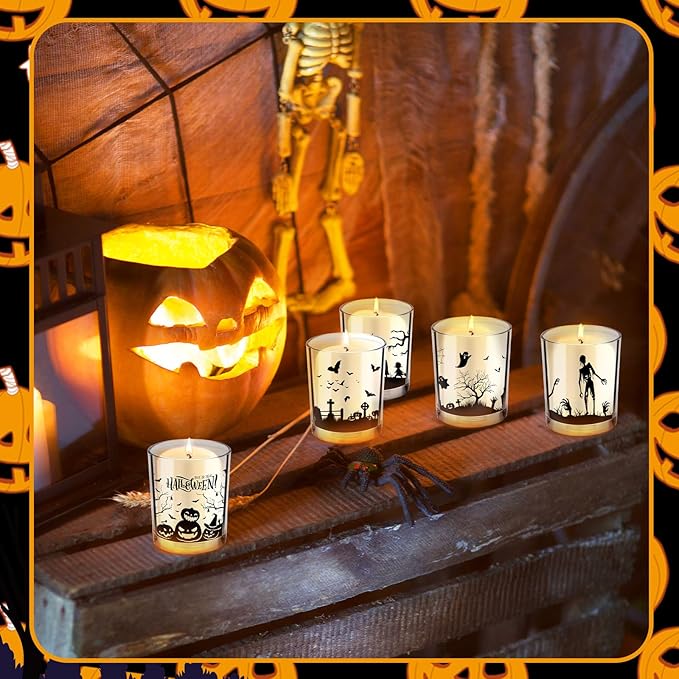 Ziliny 10 Pcs Halloween Village Glass Candle Jars Empty Containers Bulk 7 oz Halloween Glass Jars with Cork Lids Tins for Holiday Candle Making Storing Biscuits Tea Party Favors