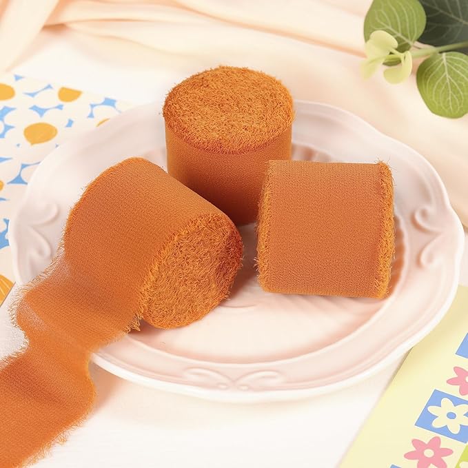 3 Rolls Orange Handmade Fringe Chiffon Ribbon 1.5" x 7Yd Yard Silk-Like Colorful Rustic Ribbon for Bouquets Wrapping Decor Wedding Tie Invitations Crafts